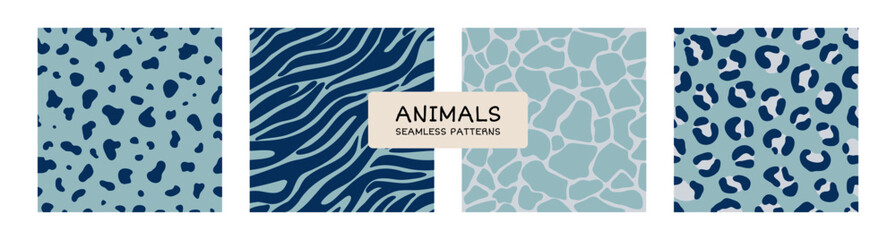 Set of trendy seamless patterns of blue animal prints. Abstract stripes and spots similar to the skin of a leopard, giraffe and tiger. Flat vector backgrounds for textile, paper.