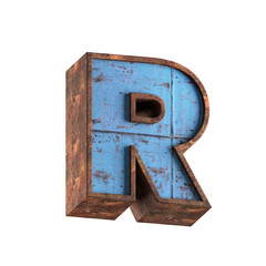 r letter 3d aged rusted iron character blue painted metal steel isolated on white background