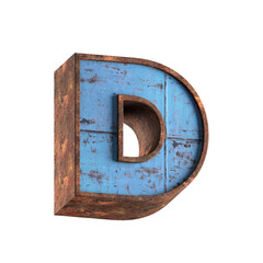 d letter 3d aged rusted iron character blue painted metal steel isolated on white background