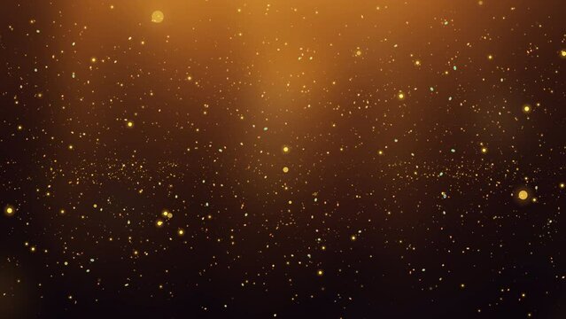 golden particles shining stars dust bokeh glitter awards dust abstract background. Futuristic glittering in space on black background.