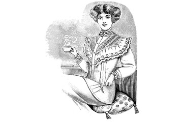 Girl drinking coffee in a trendy blouse - Vintage Illustration