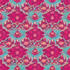 Pink and cyan floral seamless pattern with wool carpet texture