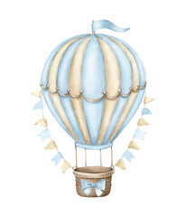 Blue hot air balloon with festive flags..Watercolor illustration isolated on white background. - 537362703
