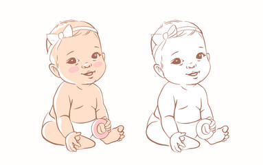 Cute little baby girl in diaper sitting. Active baby of 3-12 months. First year baby development. Newborn sitting and smiling. Happy healthy baby Caucasian ethnic. Color and line vector set.