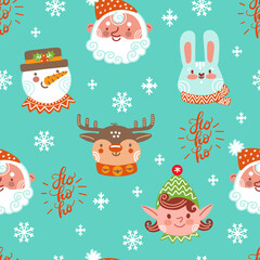 Seamless pattern christmas animal heads background vector illustration turquoise