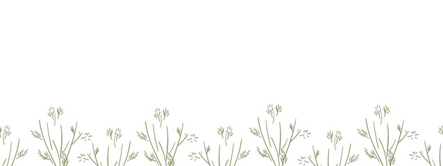 Green herbal border on a white background. Botanical seamless frame, banner for text placement. Rectangular vector illustration in naive style for promotion, discounts, advertising.