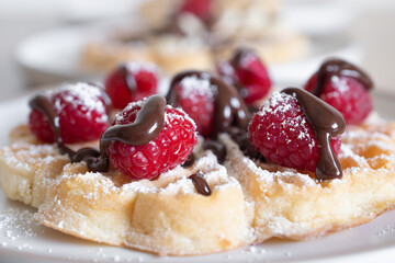 Chocolate-covered banana and raspberry waffles, dessert	