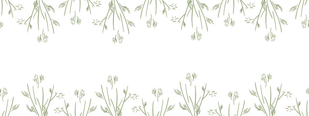 Green herbal frame on a white background. Botanical seamless border, banner for text placement. Rectangular vector illustration in naive style for promotion, discounts, advertising.