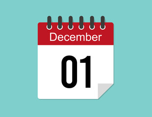 1 day December calendar design. Red calendar vector for December month and day