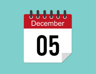 5 day December calendar design. Red calendar vector for December month and day