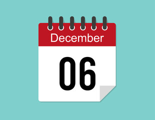 6 day December calendar design. Red calendar vector for December month and day