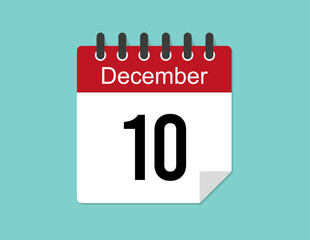 10 day December calendar design. Red calendar vector for December month and day
