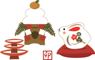 お正月のイラスト素材。卯年のアイコン。和柄のうさぎのキャラクター。
縁起物。年賀状。年末年始用のクリップアート。