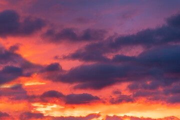 Twilight with red-purple sunset or sunrise at the sky. Nature background template with copy space