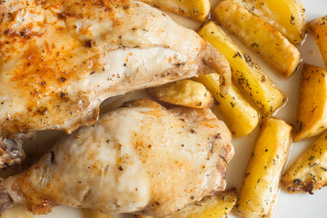 Top view of a tender portion of roasted chicken with Provencal Herbs sauce and rosemary potatoes. Traditional food.