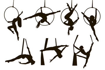 Silhouettes of a aerial gymnastic girl. Vector illustrations set on white background. Vector illustration - obrazy, fototapety, plakaty