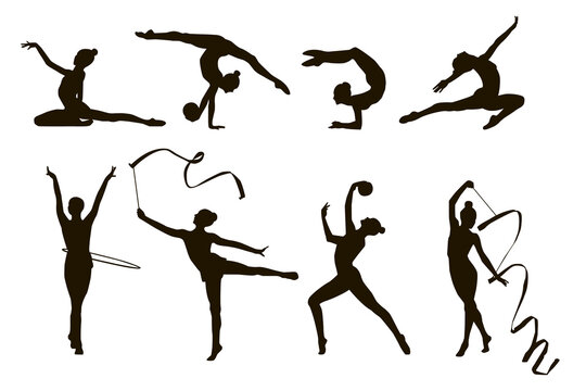 Black and white silhouette of the gymnastics girls, sportswomen, exercises with objects a ball and a ribbon
