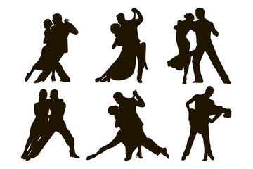Male and female dancing tango isolated on white background. Set of vector silhouettes of spanish, latin american and ballroom dancers. Dancing couple of people.  - obrazy, fototapety, plakaty