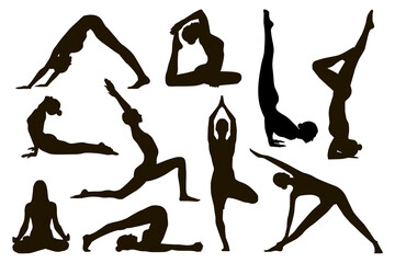 Set of yoga positions. Slim woman doing yoga and stretching exercises. vector illustration. healthy lifestyle.