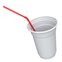 Plastic disposable party cup for coffee or fresh with straw on white background.