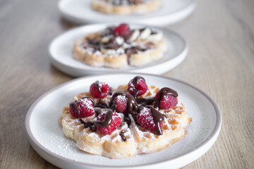 Chocolate-covered banana and raspberry waffles, dessert