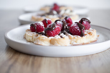 Chocolate-covered banana and raspberry waffles, dessert