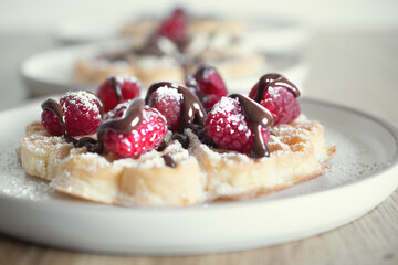 Chocolate-covered banana and raspberry waffles, dessert