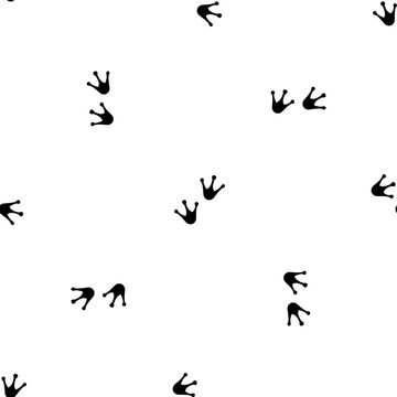 Seamless pattern of repeated black frog tracks symbols. Elements are evenly spaced and some are rotated. Vector illustration on white background