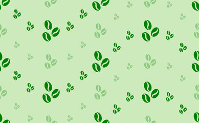 Seamless pattern of large and small green coffee beans symbols. The elements are arranged in a wavy. Vector illustration on light green background