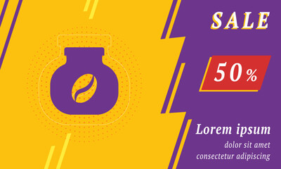 Sale promotion banner with place for your text. On the left is the instant coffee symbol. Promotional text with discount percentage on the right side. Vector illustration on yellow background