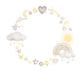 Watercolor frame with rainbow,clouds,stars,moon,sun..Watercolor hand painted illustrations isolated on white background . - 537367548