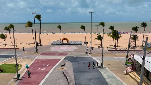 Panning wide landscape of famous place of city of Joao Pessoa at Brazilian Paraiba State. Northeast Brazil. Landmark skyline city. Downtown Joao Pessoa Paraiba. Cityscape Joao Pessoa Brazil.