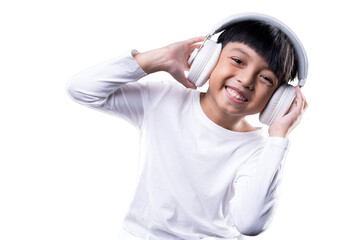 Asian boy wearing a wireless headphone and enjoying music on transparent background