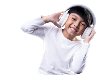 Asian boy wearing a wireless headphone and enjoying music on transparent background