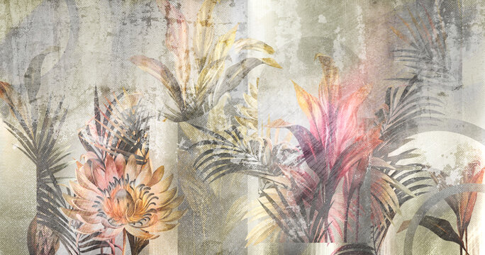 
Tropics on the texture on a watercolor background, vintage style in pastel colors, photo wallpaper