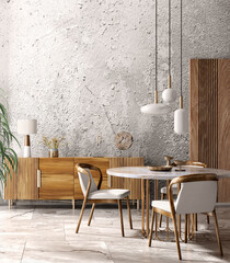 Interior design of modern dining room or living room, marble table and chairs. Wooden sideboard over grunge concrete stucco wall. Home interior. 3d rendering