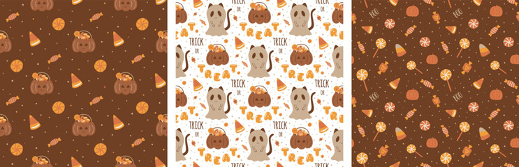 Fototapeta premium Candies halloween pattern set. Sweet Halloween candy seamless patterns collection. Trick or treat background. Cute cartoon Halloween candy wrapping paper. Pumpkin, ghost vector illustration