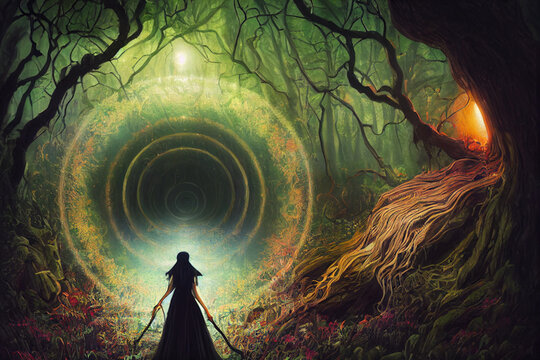 A halloween witch walking through a portal in a forest