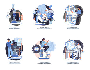 Medical research. Laboratory diagnostic services, medical device design development scenes metaphor. Scientists in hemistry clinic laboratories, microbiology pharmaceutical research. Vaccine discovery