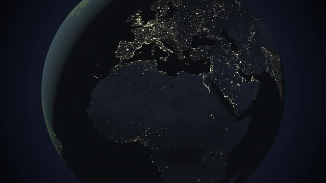 Seamless looping animation of the earth at night zooming in to the 3d map of Georgia with the capital and the biggest cites in 4K resolution