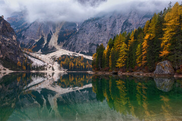Reflections and colours in the beautiful Braies Lake, in trentino Alto Adige, Dolomites, Italy