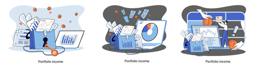 Investment portfolio income dollars currency, buy sell trading, market exchange value metaphor, businessman investor or trader balance portfolio with coins. Financiers analyzing stock market profit