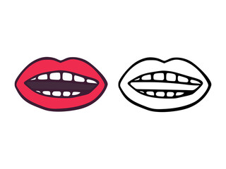 Mouth or lips with teeth in cartoon and outline style isolated on white background. Smile clip art