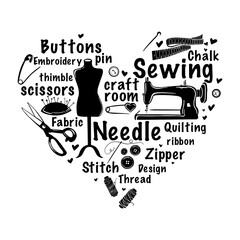 Love sewing heart vector illustrations, Quilting lover, Sewing machine, tools, scissors, buttons, Craft room decor wall print, Fashion designer tailor studio, Atelier decor
