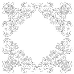 Vintage baroque frame scroll ornament engraving border floral retro pattern antique style acanthus foliage swirl decorative design element filigree calligraphy.