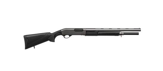 Pump-action 12 gauge shotgun isolated on a white back. A smooth-bore weapon with a plastic stock.