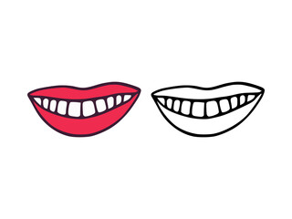 Fototapeta premium Mouth or lips with teeth in cartoon and outline style isolated on white background. Smile clip art