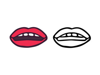 Mouth or lips with teeth in cartoon and outline style isolated on white background