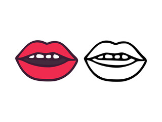 Mouth or lips with teeth in cartoon and outline style isolated on white background