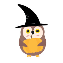 Fototapeta premium Vector flat cartoon Halloween witch owl with pumpkin and hat isolated on white background